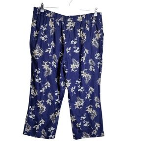 Bonmarche Navy Blue Floral Linen Blend Cropped Pants Size 18 Tropical Palm‎ Leaf